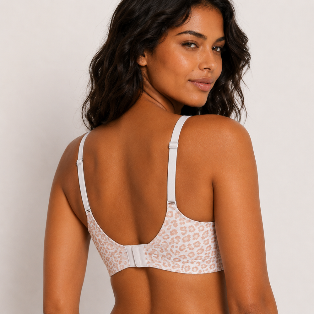 Back view of leopard pink bra